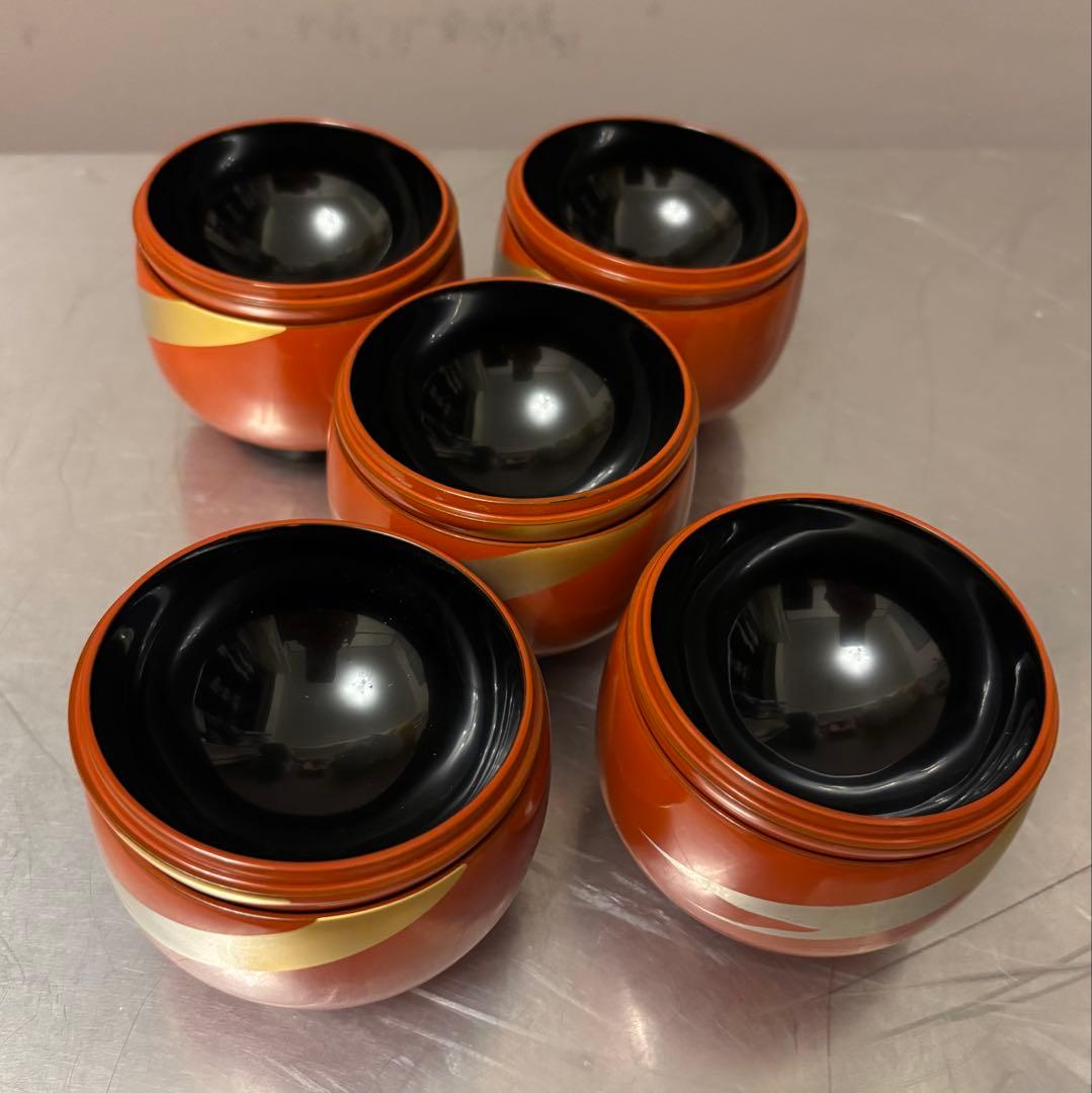 【美品】越前漆器　蓋付お椀　5客セット　汁椀　朱　金　渦巻き　煮物
