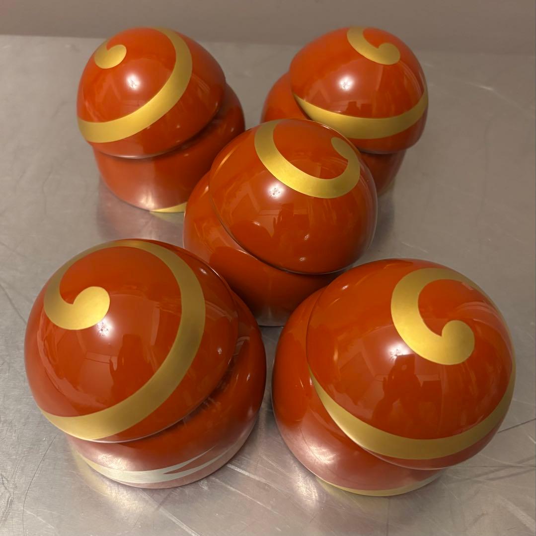 【美品】越前漆器　蓋付お椀　5客セット　汁椀　朱　金　渦巻き　煮物