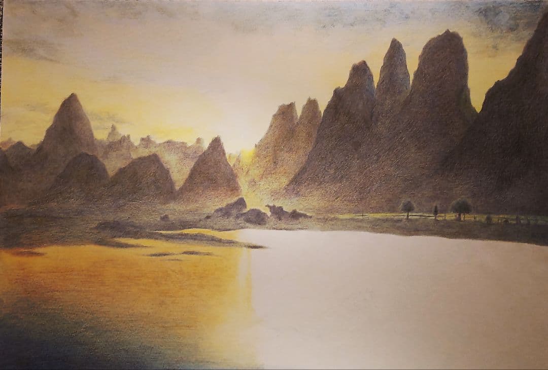 【色鉛筆画】夕日が映える中国の山々