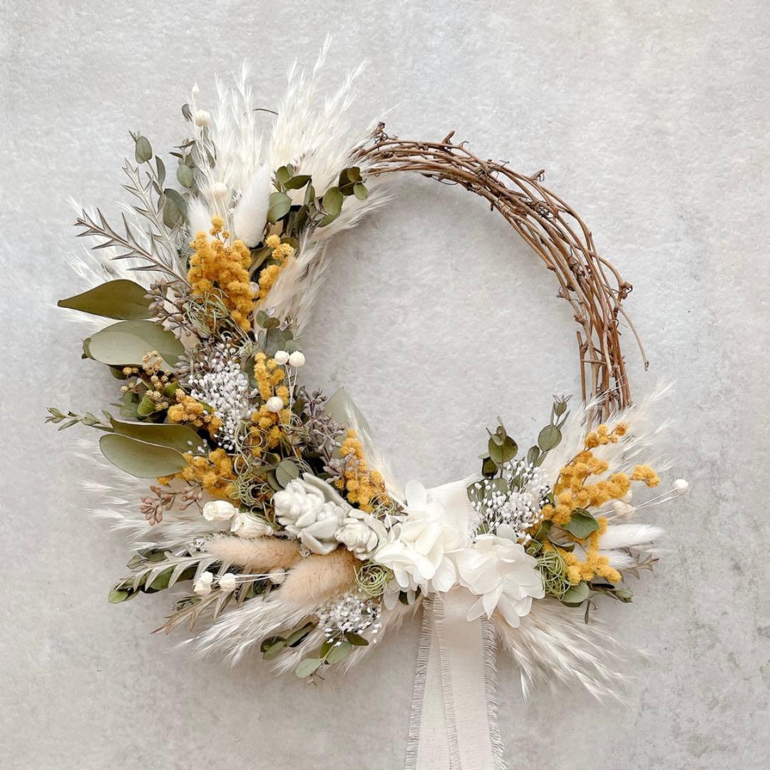 ミモザ　リース　ドライフラワー　ハーフリース　春