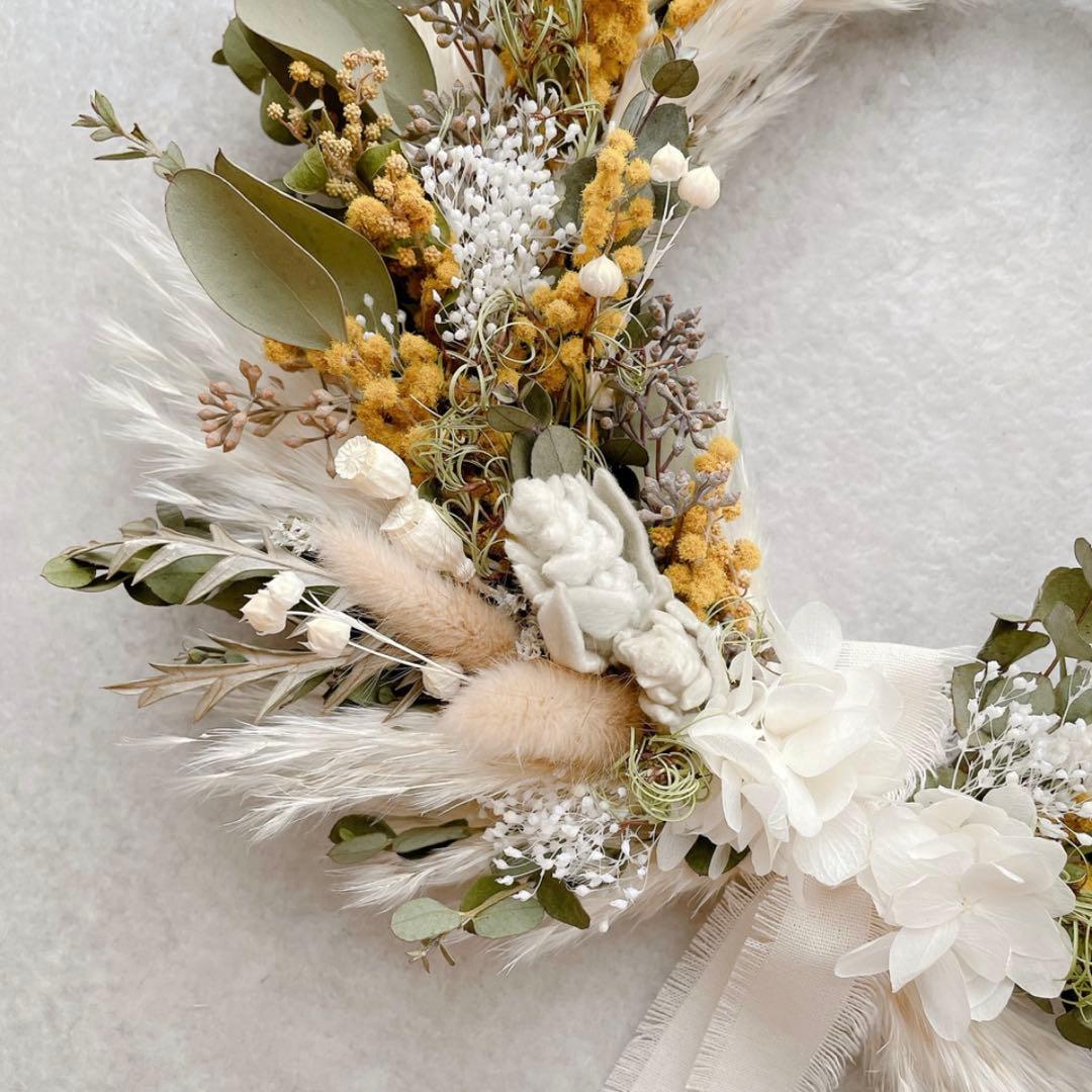 ミモザ　リース　ドライフラワー　ハーフリース　春