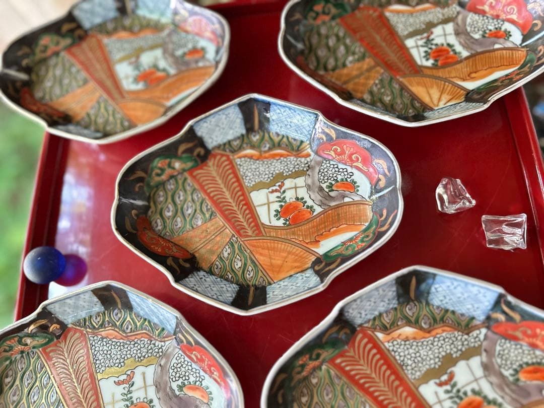 S様へ感謝お嫁入り‼️四季に麗し‼️伊万里錦手若松＆橙＆ふきよせ　兜菱形刺身皿 5客