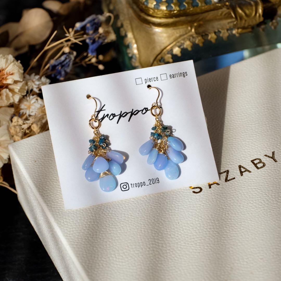 14kgfミルキーラベンダーカラーオパール・ブルーダイヤモンドピアス/イヤリング