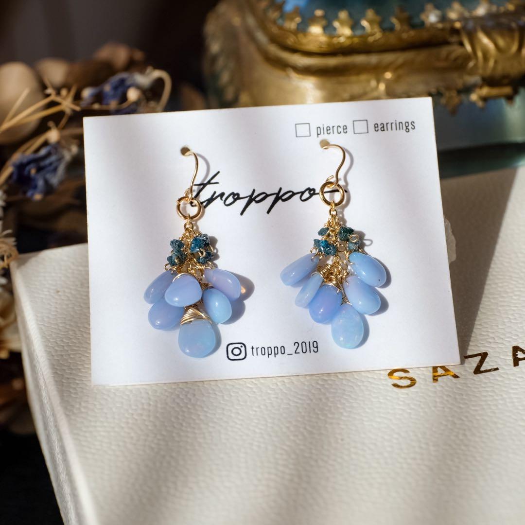 14kgfミルキーラベンダーカラーオパール・ブルーダイヤモンドピアス/イヤリング