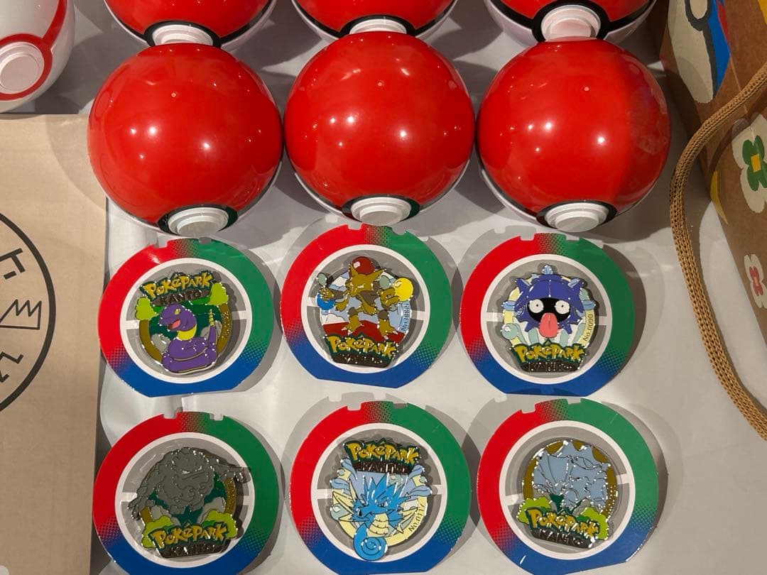 ポケパーク カントー限定　モンスターボール入りピンバッジ 6点、シール、袋セット
