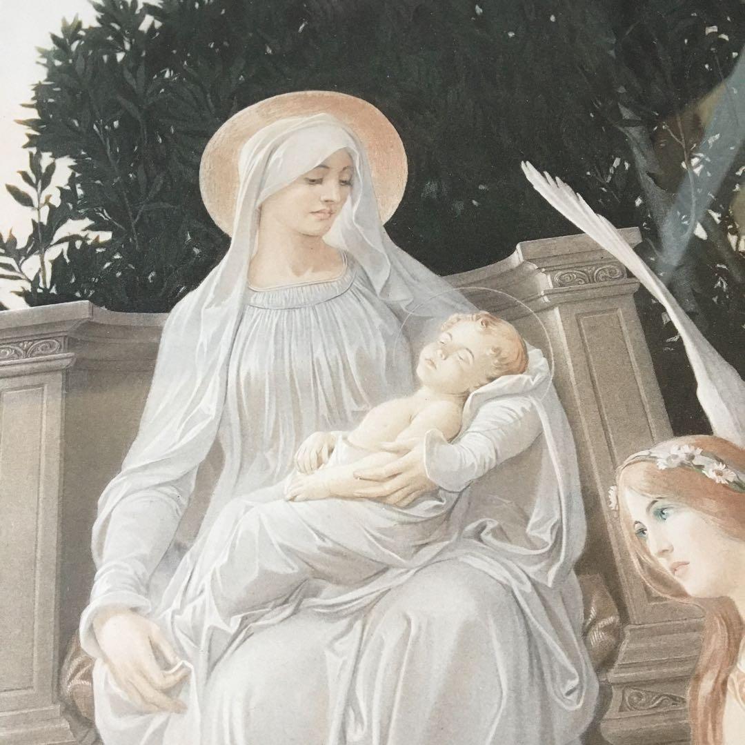 エリザベス·ソンレル「聖母子と天使」額装 複製工芸画 銅版画 絵画 D