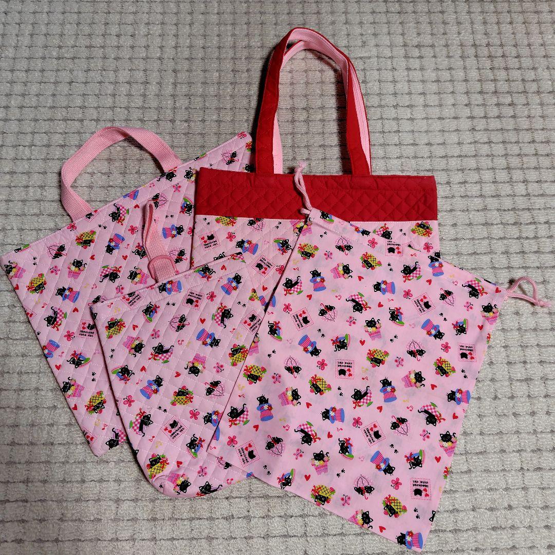 入園 入学準備に４点セットハンドメイド(ネコ柄 女の子)