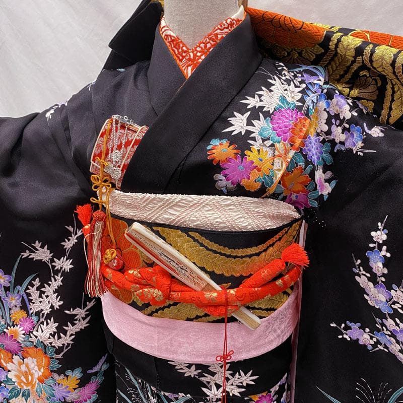 505ag8◎七五三 七歳 女児 着物&袋帯&長襦袢 金駒刺繍 籠花 牡丹菖蒲◎