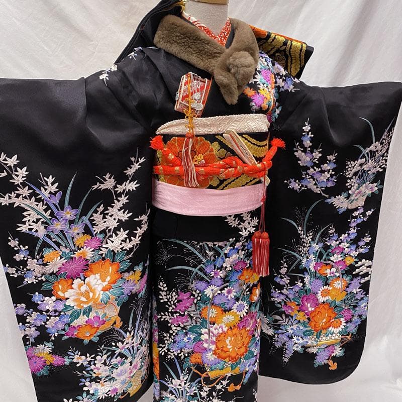 505ag8◎七五三 七歳 女児 着物&袋帯&長襦袢 金駒刺繍 籠花 牡丹菖蒲◎