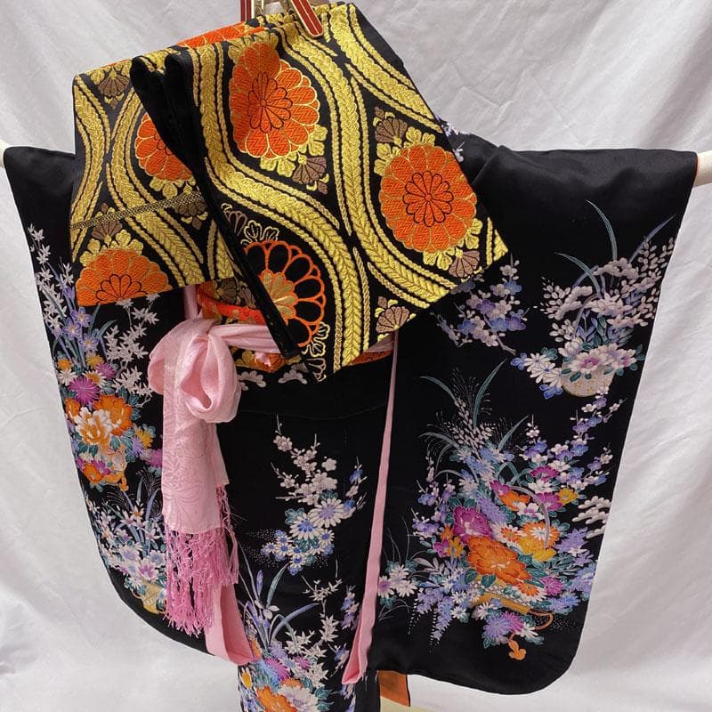 505ag8◎七五三 七歳 女児 着物&袋帯&長襦袢 金駒刺繍 籠花 牡丹菖蒲◎