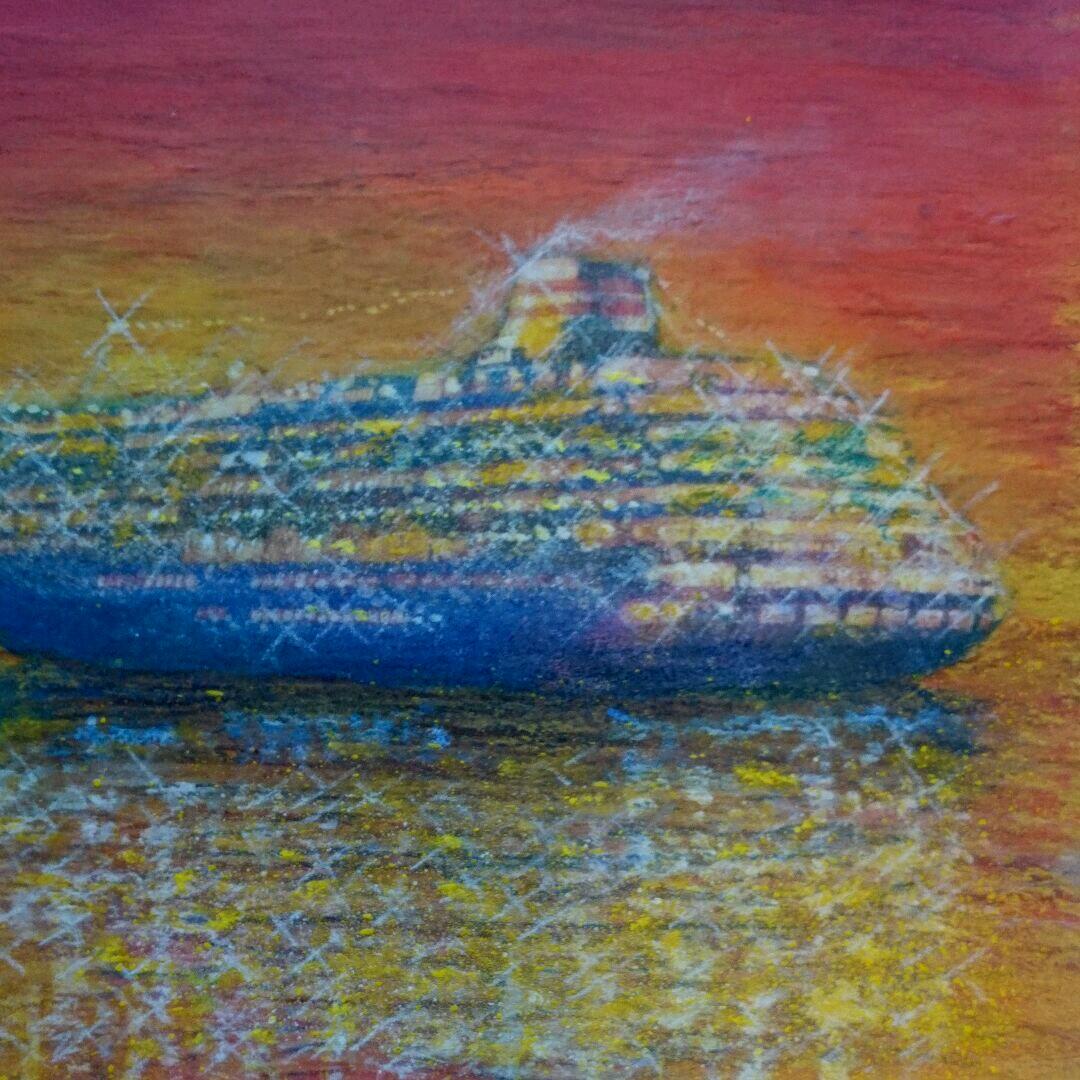 イラスト絵画/客船と飛行船/手描き一点もの