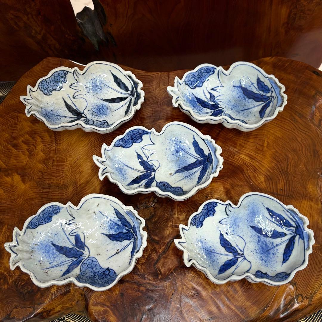 明時代古染付柘榴形三足向付五客　唐物中国古玩　懐石茶道具　古伊万里