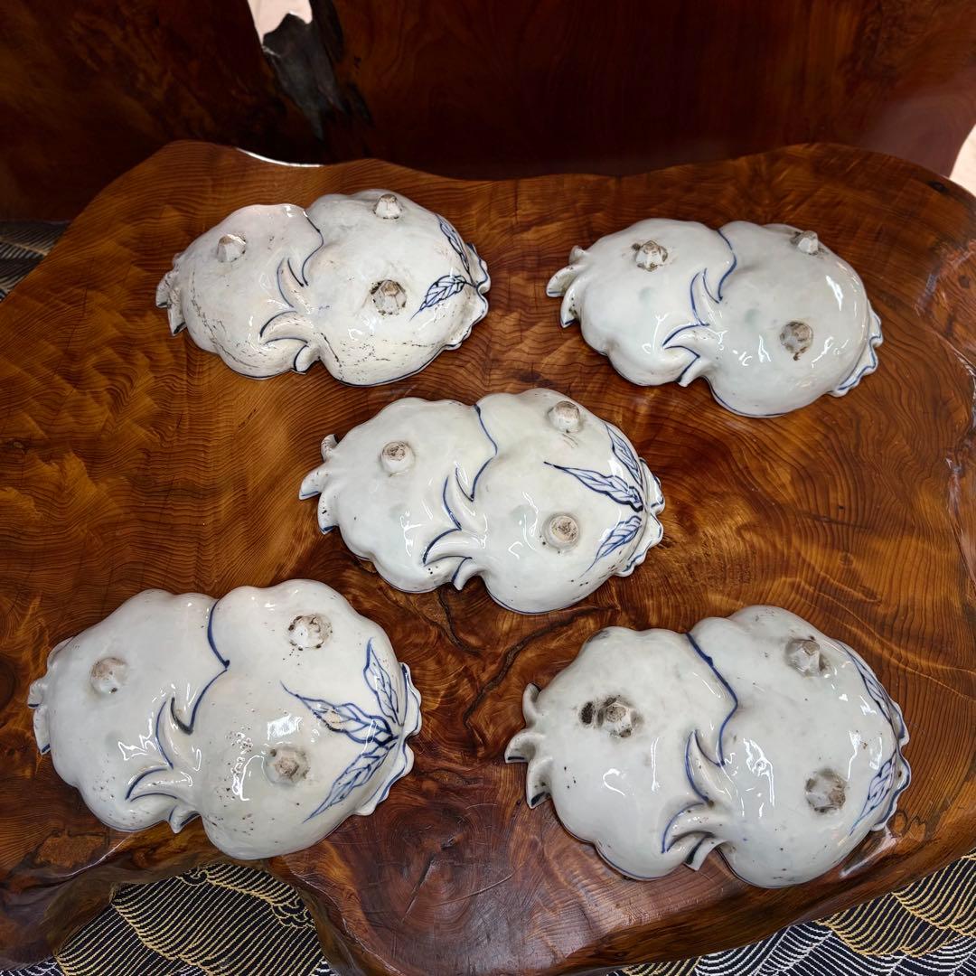 明時代古染付柘榴形三足向付五客　唐物中国古玩　懐石茶道具　古伊万里