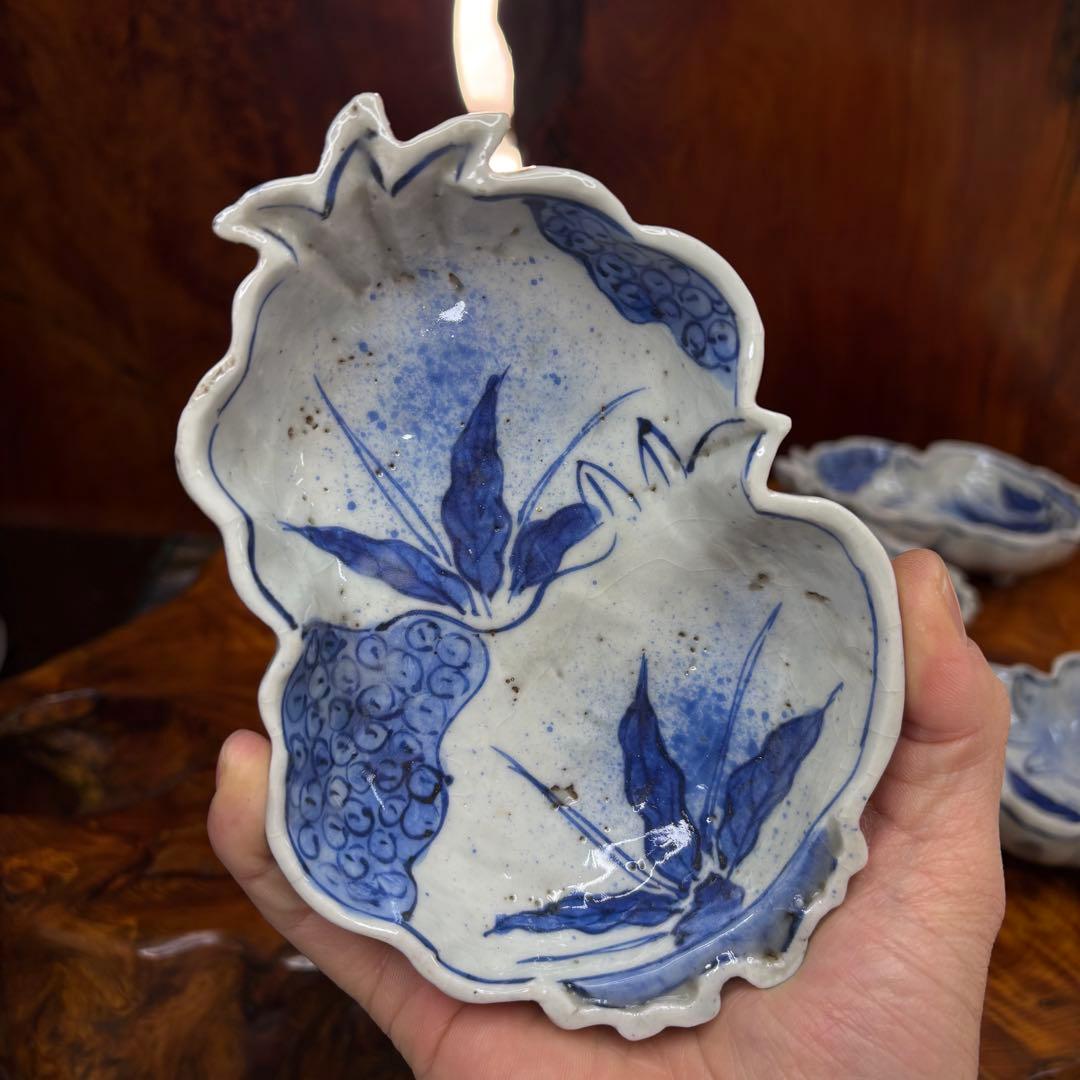 明時代古染付柘榴形三足向付五客　唐物中国古玩　懐石茶道具　古伊万里