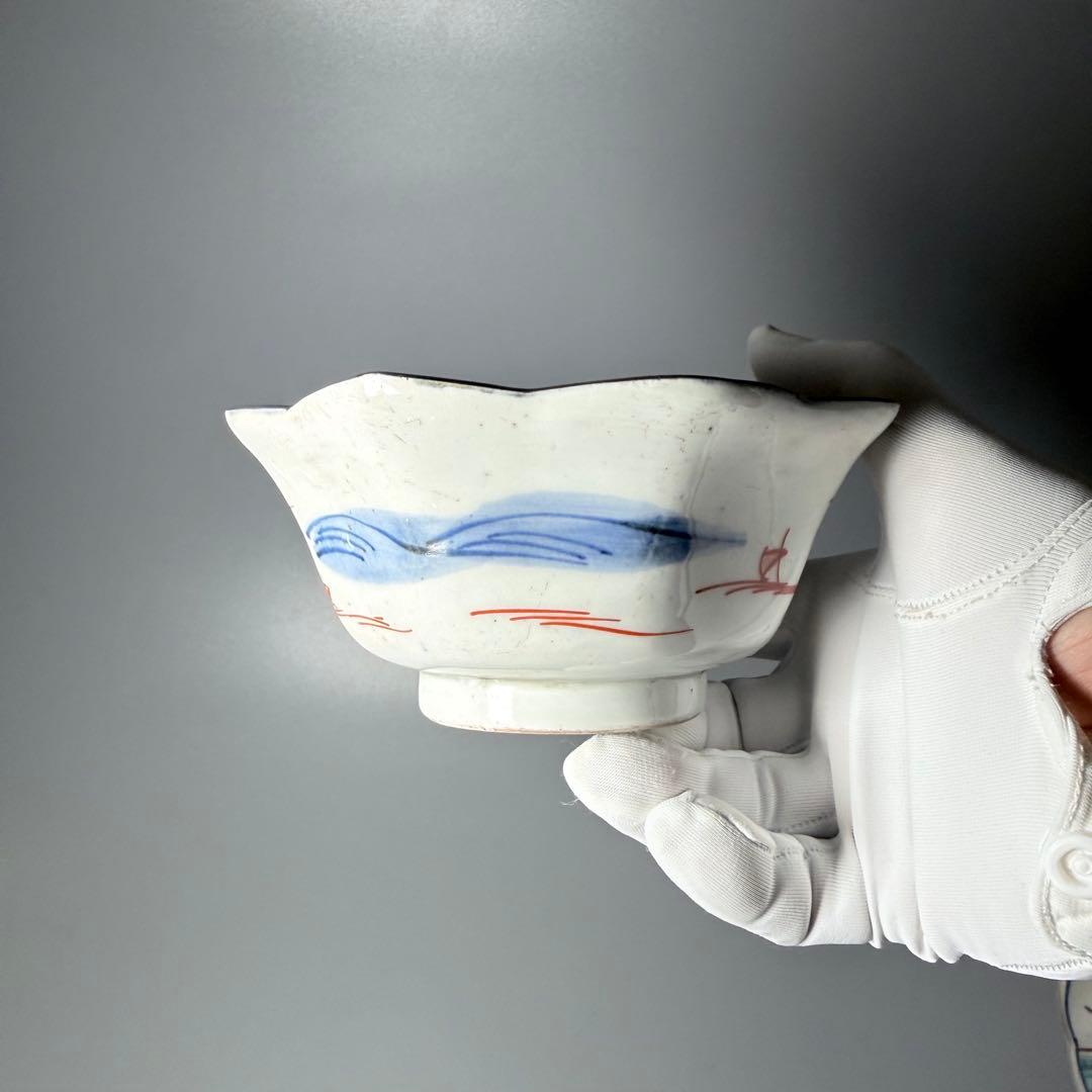 古伊万里　染錦輪花形七寸皿　変形八角向付　草花文丼　江戸期〜明治　古陶を楽しむ