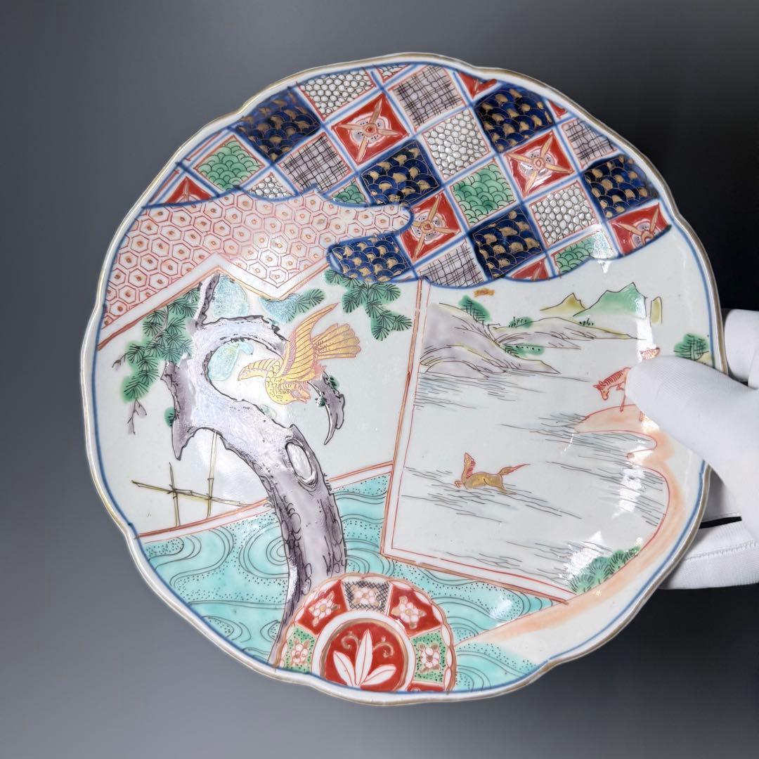 古伊万里　染錦輪花形七寸皿　変形八角向付　草花文丼　江戸期〜明治　古陶を楽しむ