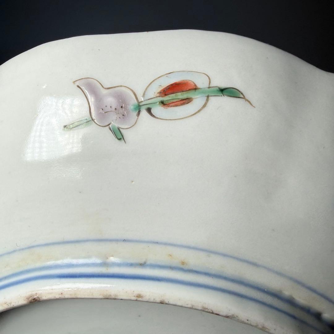 古伊万里　染錦輪花形七寸皿　変形八角向付　草花文丼　江戸期〜明治　古陶を楽しむ