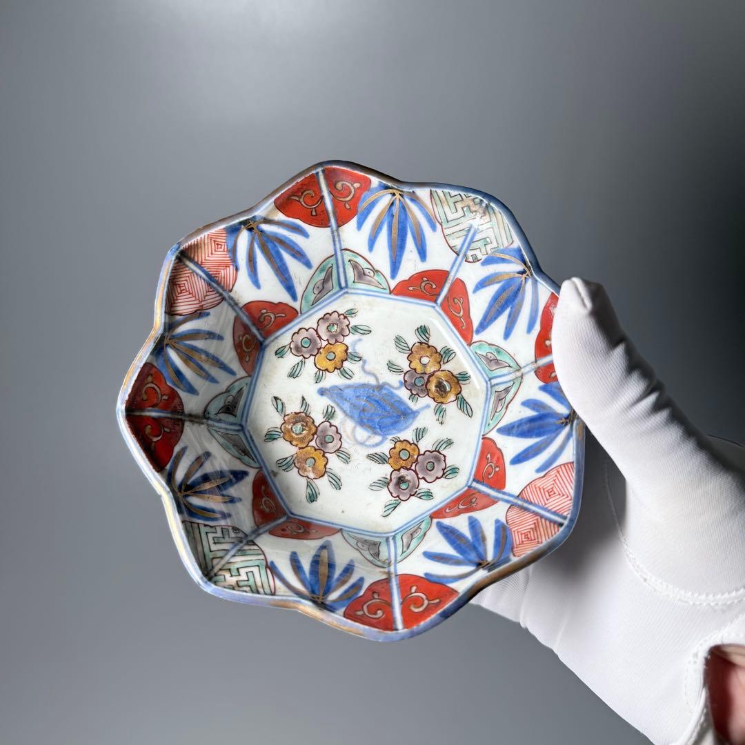 古伊万里　染錦輪花形七寸皿　変形八角向付　草花文丼　江戸期〜明治　古陶を楽しむ