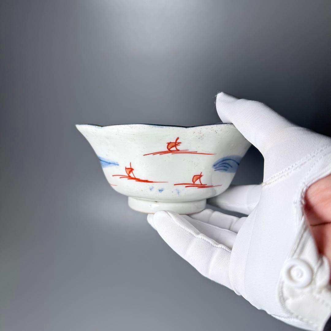 古伊万里　染錦輪花形七寸皿　変形八角向付　草花文丼　江戸期〜明治　古陶を楽しむ