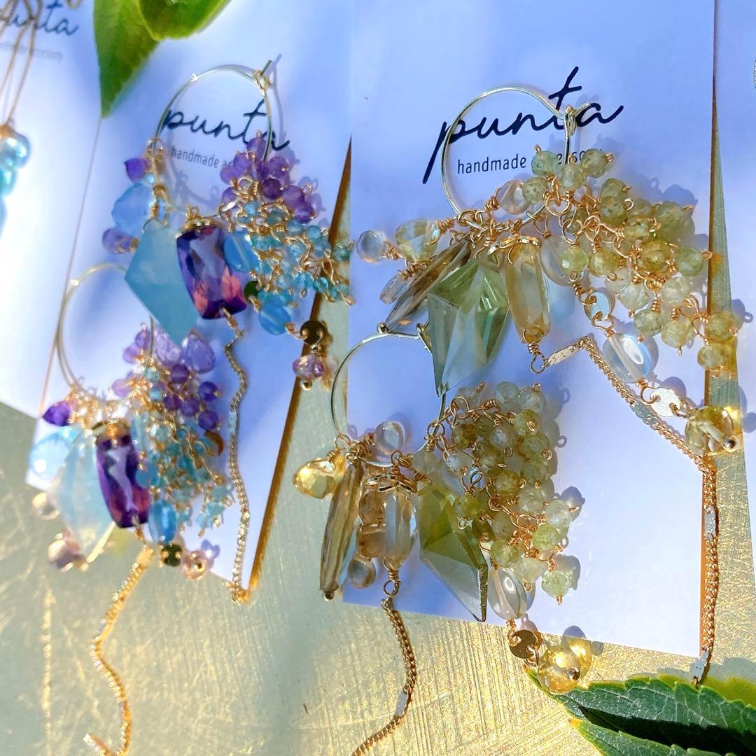 最終価格14kgf天然石美しい大粒グリーンアパタイト、シトリン花束ピアス