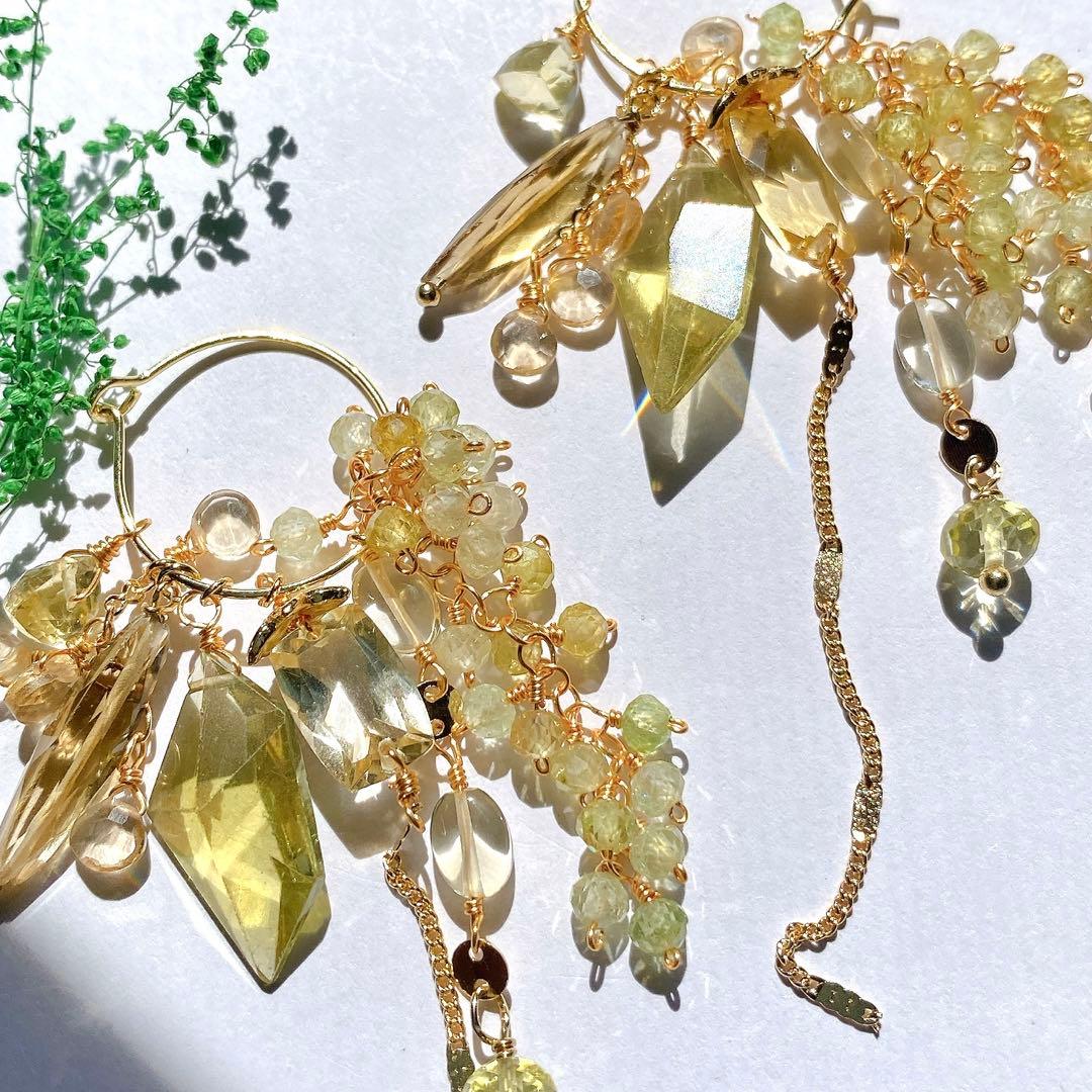 最終価格14kgf天然石美しい大粒グリーンアパタイト、シトリン花束ピアス