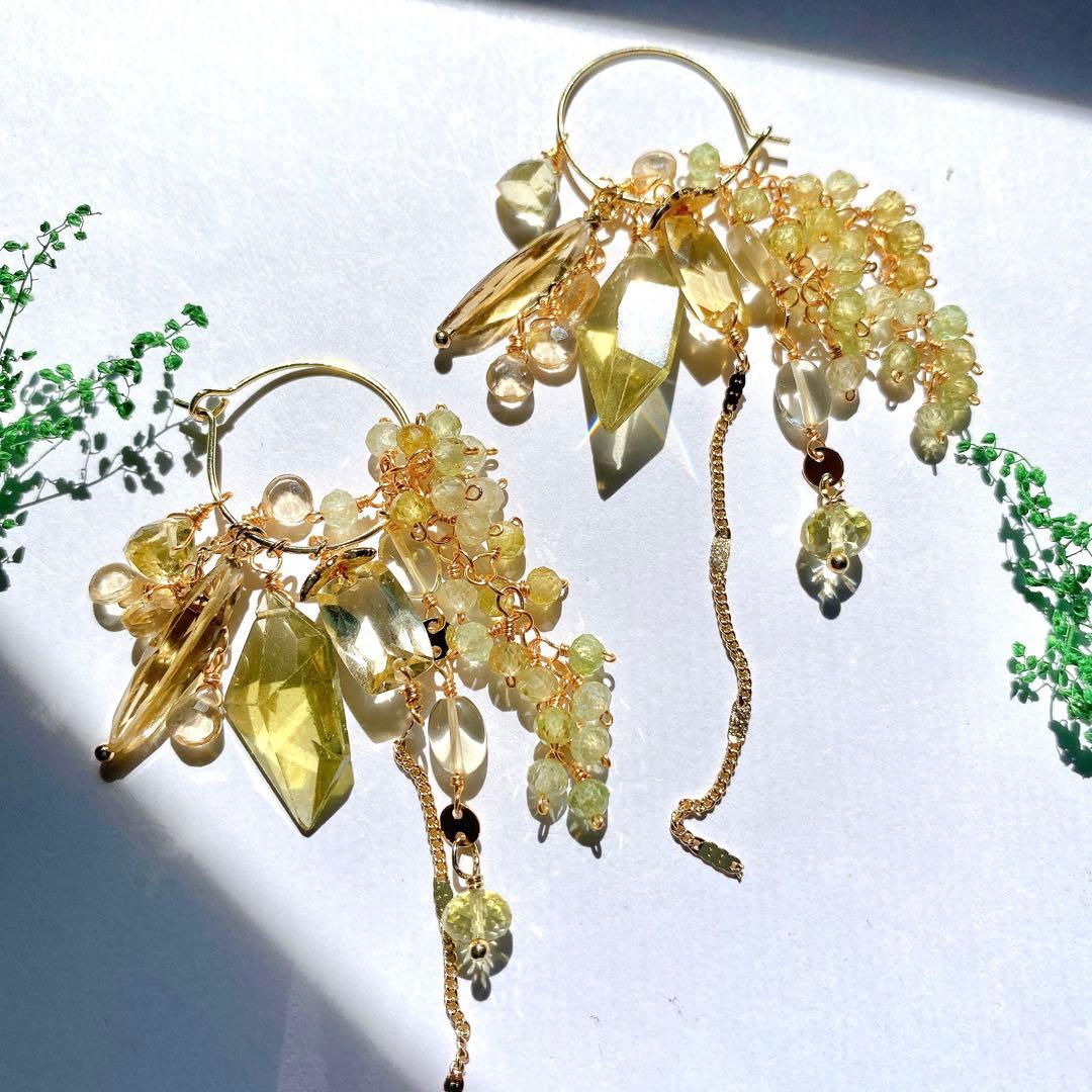 最終価格14kgf天然石美しい大粒グリーンアパタイト、シトリン花束ピアス