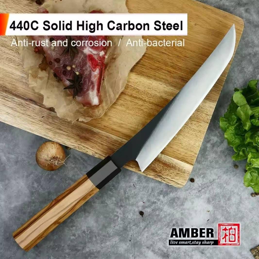 440C 高炭素鋼ステンレス 先丸 反り筋引 27cm 包丁黒檀オリーブ八角柄