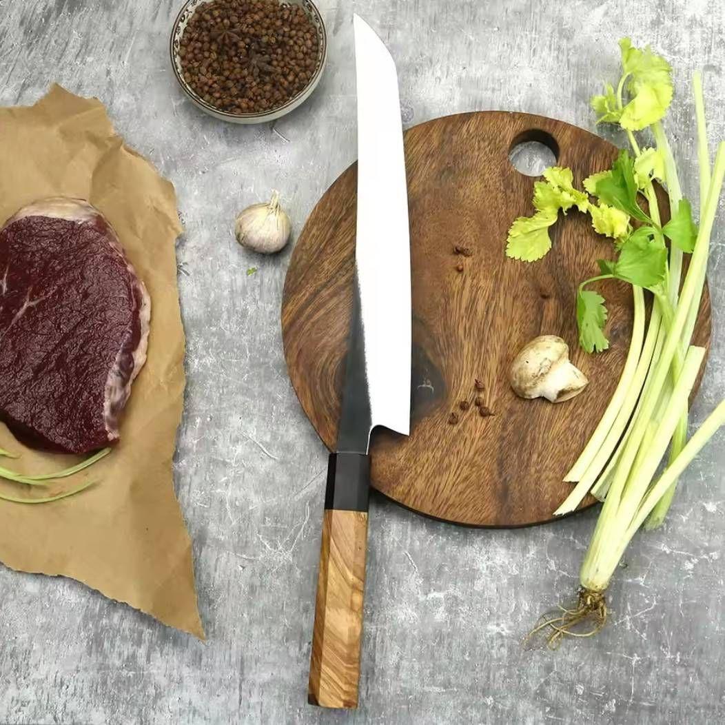 440C 高炭素鋼ステンレス 先丸 反り筋引 27cm 包丁黒檀オリーブ八角柄