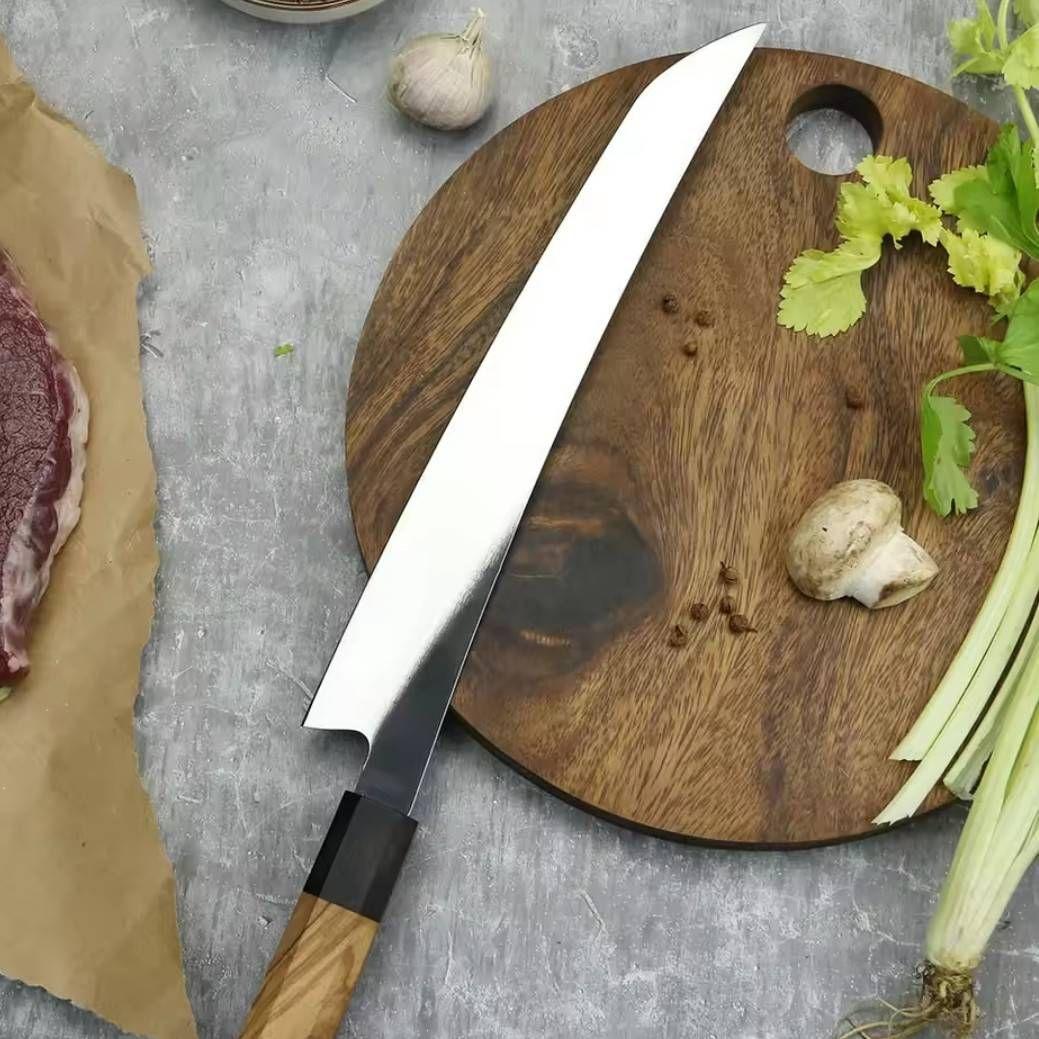 440C 高炭素鋼ステンレス 先丸 反り筋引 27cm 包丁黒檀オリーブ八角柄