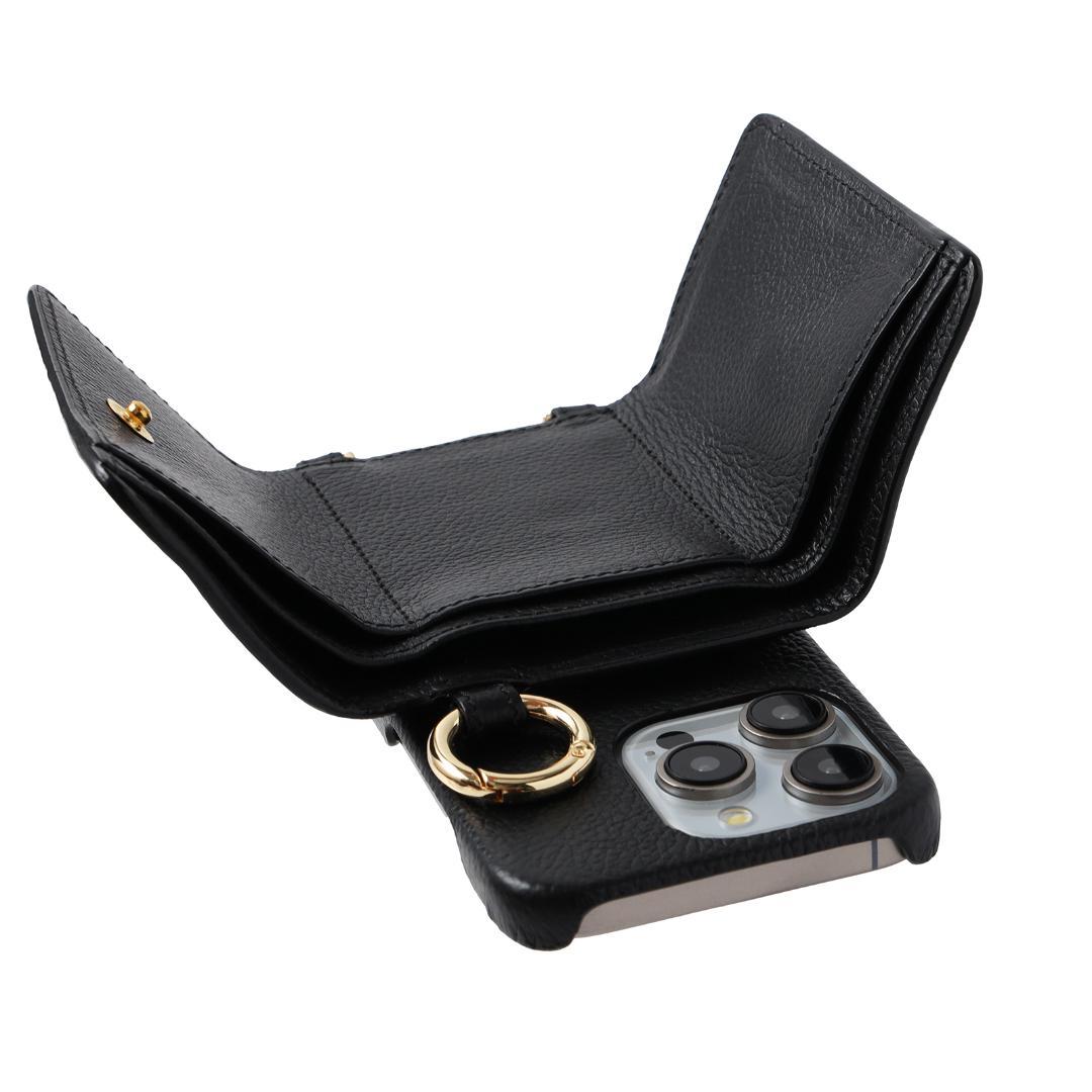 iPhone15 Plus  本牛革 カバー 財布 ケース ブラック ストラップ