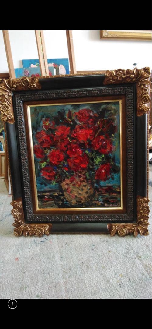 印象派 油絵 花瓶のバラ「バラ黒真珠」額付き 菊地正則作　F8 キャンバス