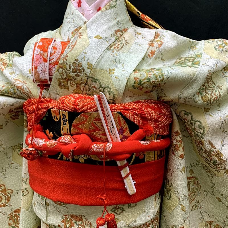 512ag61□七五三 七歳 女児 着物&袋帯&長襦袢 金彩 亀甲 メロン色□