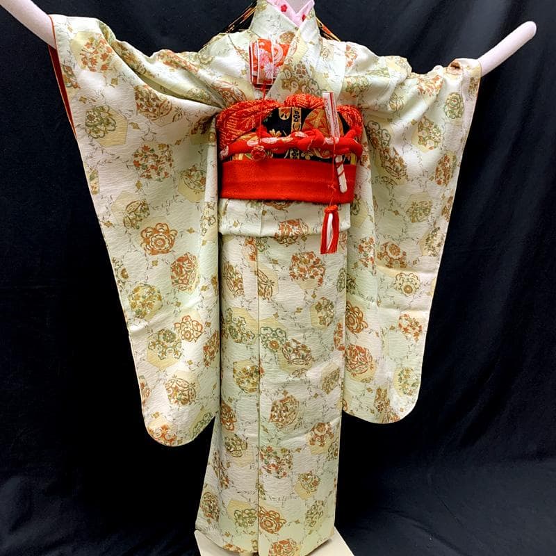 512ag61□七五三 七歳 女児 着物&袋帯&長襦袢 金彩 亀甲 メロン色□