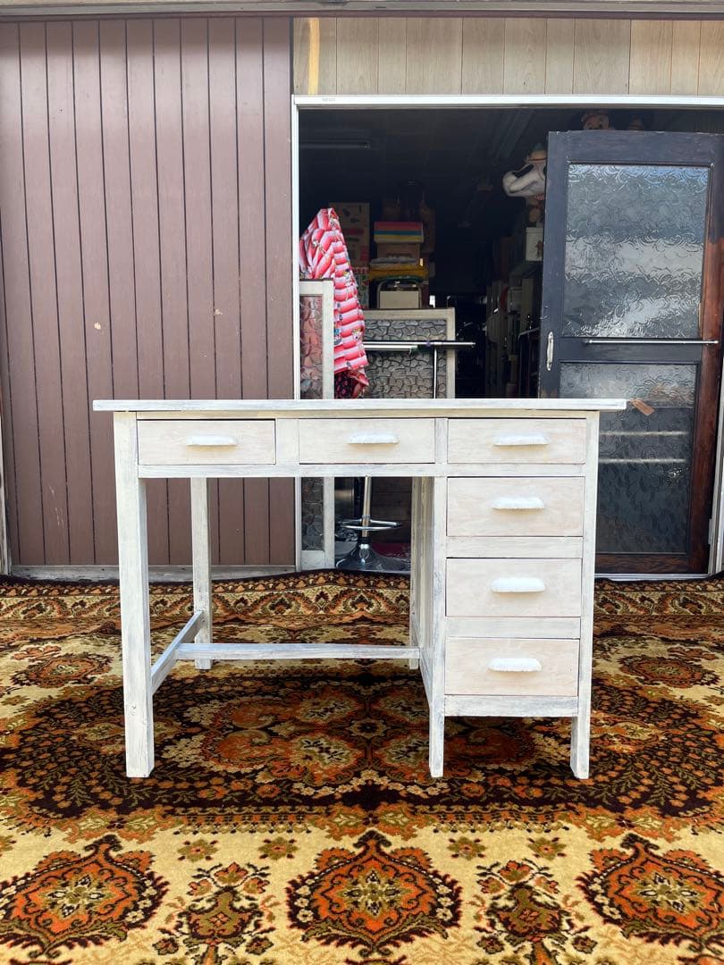 勉強机 学習机 デスク 事務机 昭和レトロ 当時物 インテリア 古道具 白