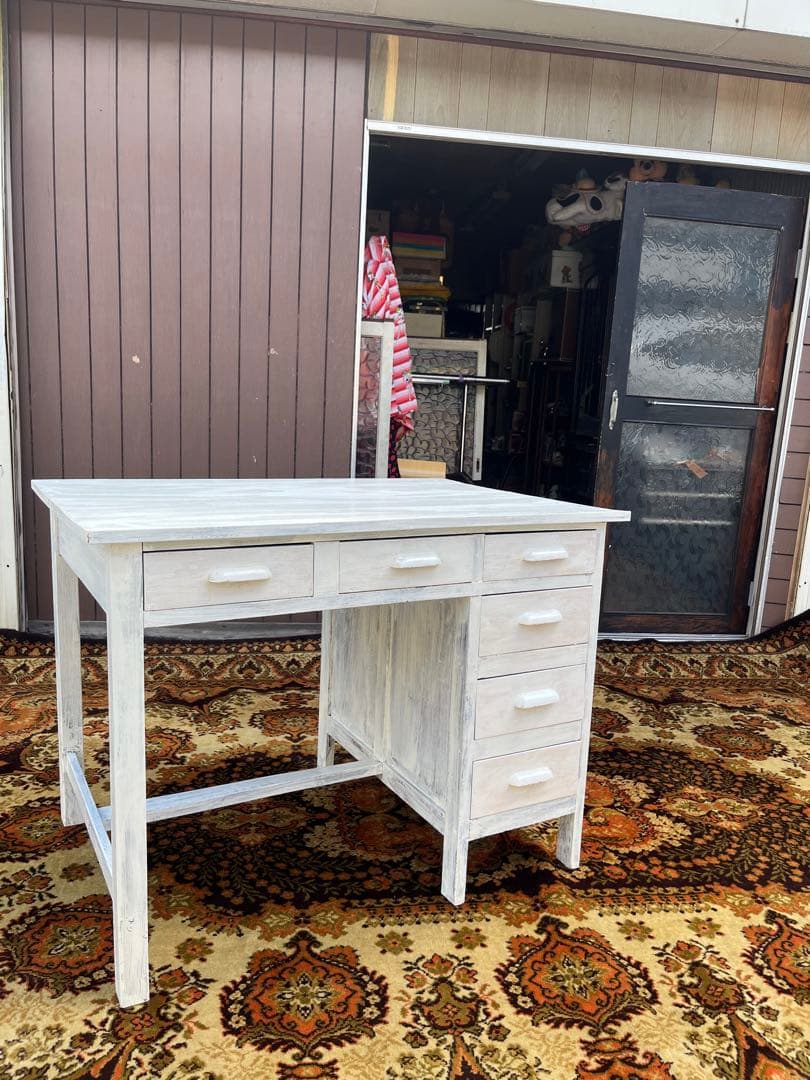 勉強机 学習机 デスク 事務机 昭和レトロ 当時物 インテリア 古道具 白