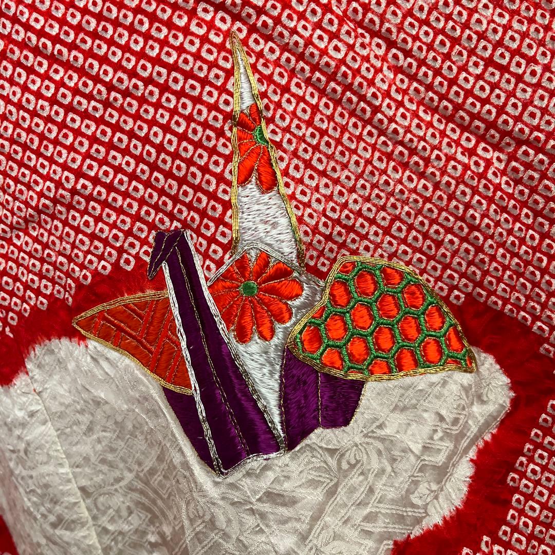 最高級 総絞り 七五三 7歳 着物 長襦袢セット 豪華刺繍 雲取り 鶴 赤