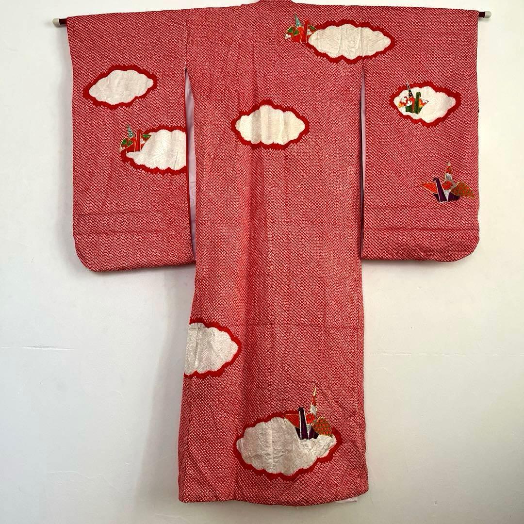 最高級 総絞り 七五三 7歳 着物 長襦袢セット 豪華刺繍 雲取り 鶴 赤