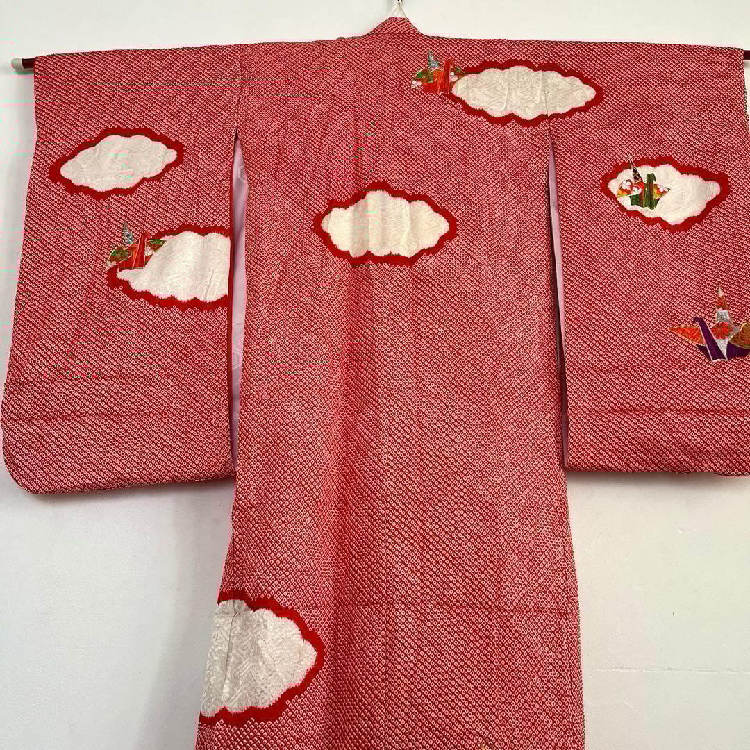 最高級 総絞り 七五三 7歳 着物 長襦袢セット 豪華刺繍 雲取り 鶴 赤