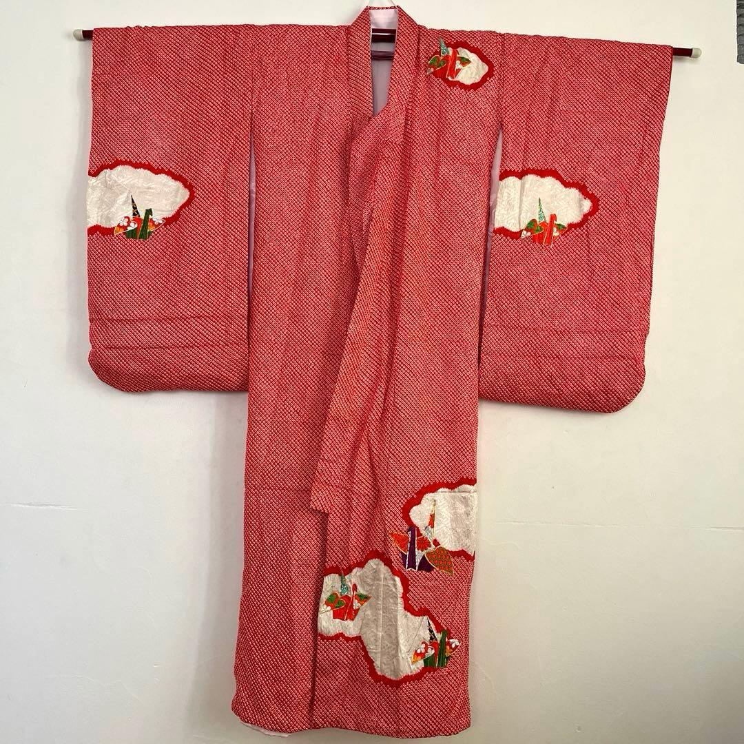 最高級 総絞り 七五三 7歳 着物 長襦袢セット 豪華刺繍 雲取り 鶴 赤