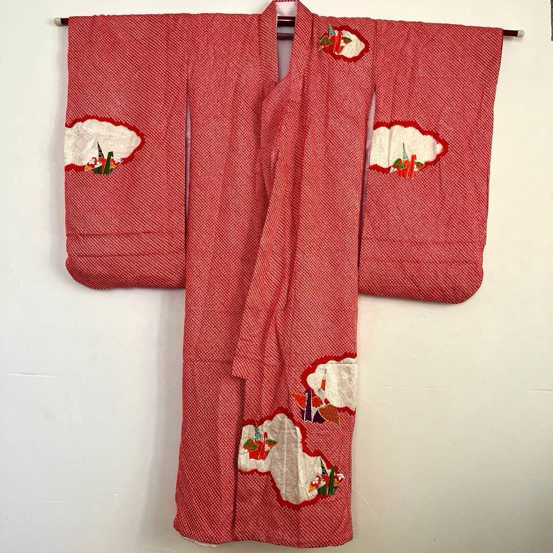 最高級 総絞り 七五三 7歳 着物 長襦袢セット 豪華刺繍 雲取り 鶴 赤