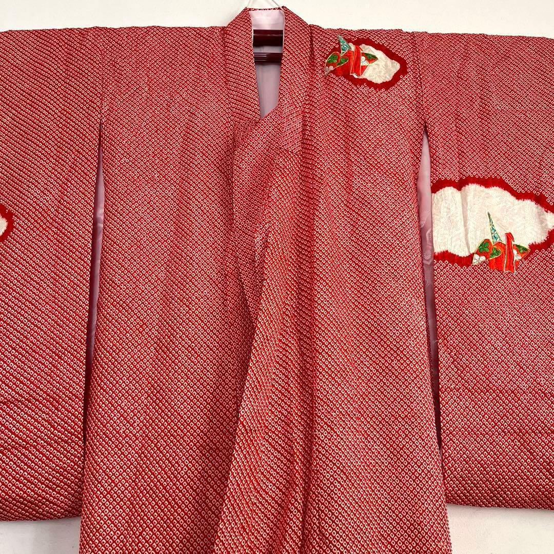 最高級 総絞り 七五三 7歳 着物 長襦袢セット 豪華刺繍 雲取り 鶴 赤
