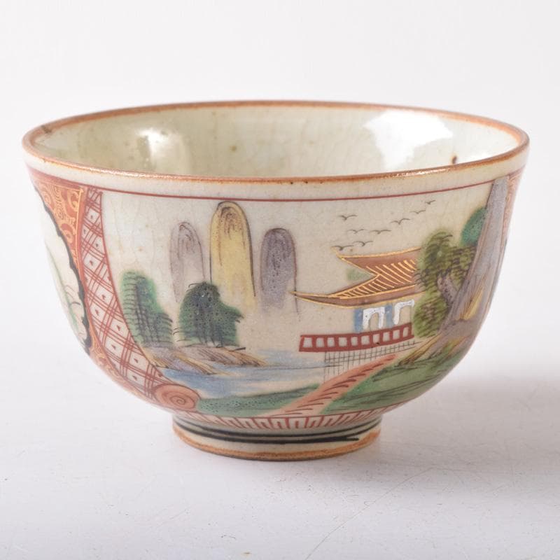 九谷焼　古九谷　九谷庄三造　赤絵金彩　山水楼閣人物文　煎茶碗　五客　C　8269
