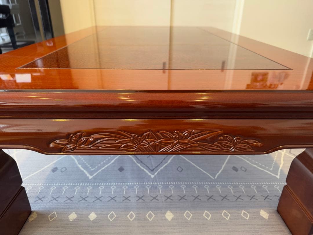 木製彫刻入り座卓こたつ　ダークブラウン