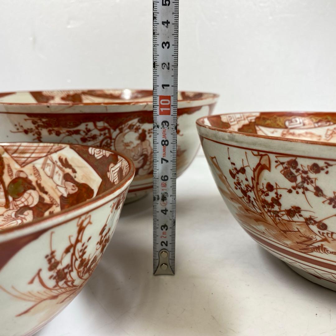 明治初期　九谷焼赤絵三ツ鉢　木箱付　東Y7-0404②トヒチサ