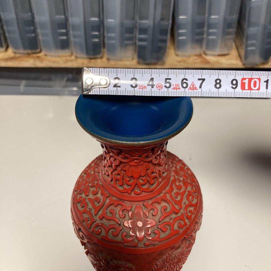 木製 花瓶 壺 銅 赤い 花模様 工芸品 木彫り 手彫り
