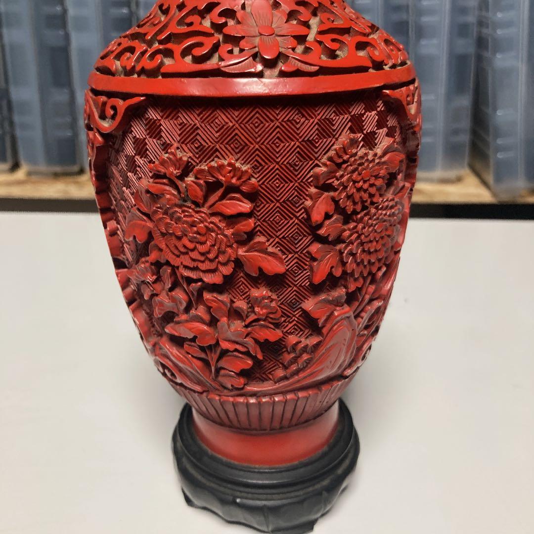 木製 花瓶 壺 銅 赤い 花模様 工芸品 木彫り 手彫り