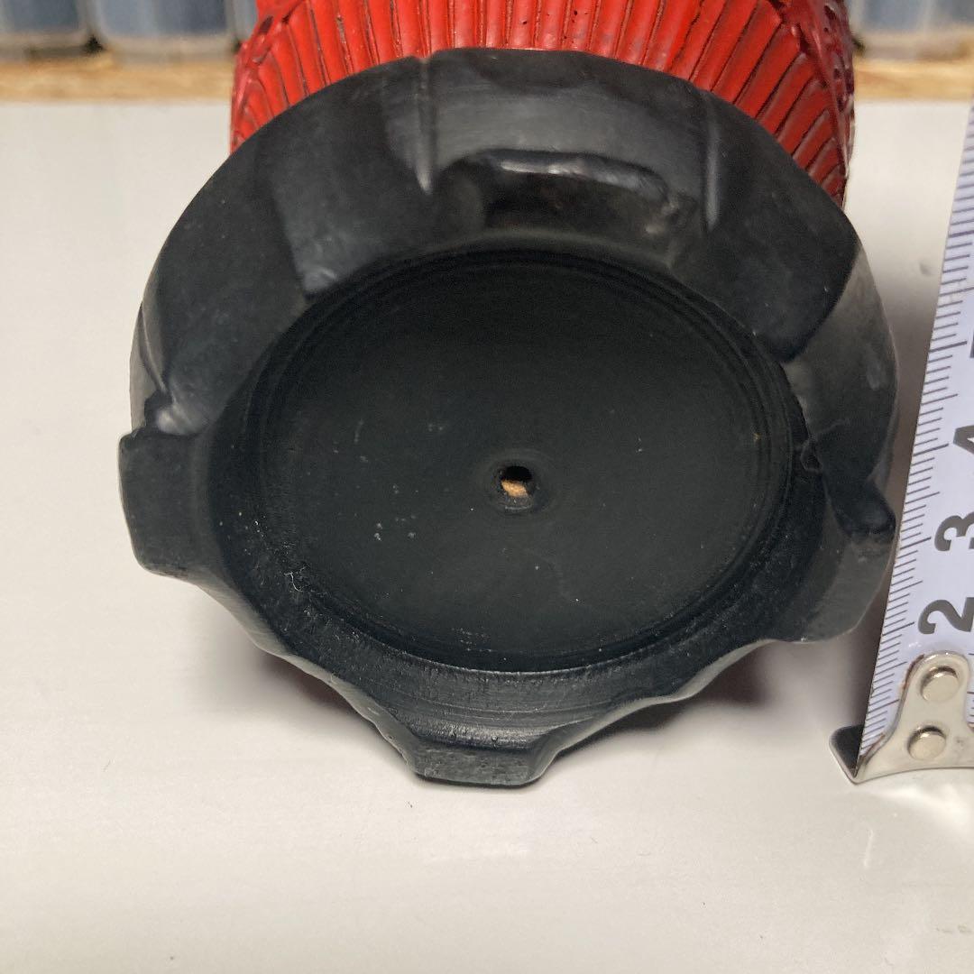 木製 花瓶 壺 銅 赤い 花模様 工芸品 木彫り 手彫り