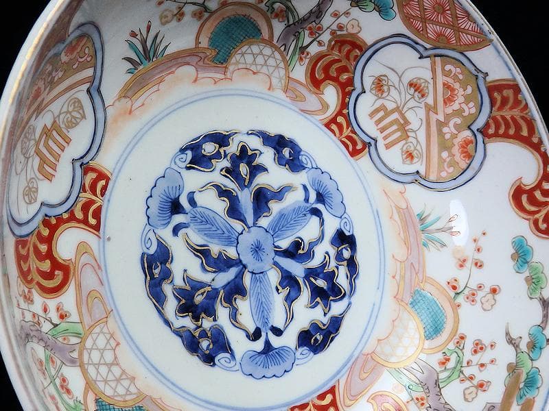 古伊万里　色絵 　窓絵　双葉葵に源氏香　竹垣に松の図　深鉢　D286AS-CEp