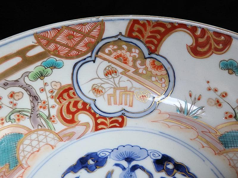 古伊万里　色絵 　窓絵　双葉葵に源氏香　竹垣に松の図　深鉢　D286AS-CEp