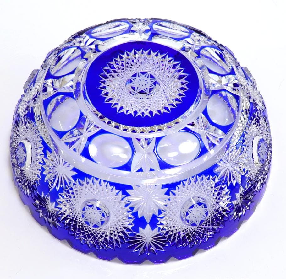 オールド・バカラ 1890年 大型 1.4kg 青色被せ 切子鉢 アートピース